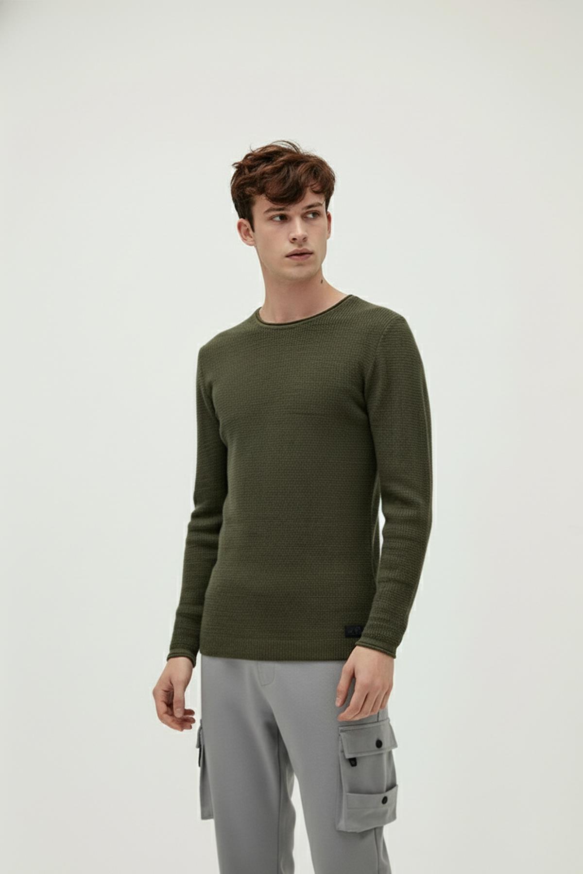 Dapple Knit Haki Yeşil Bisiklet Yaka Erkek Triko Kazak