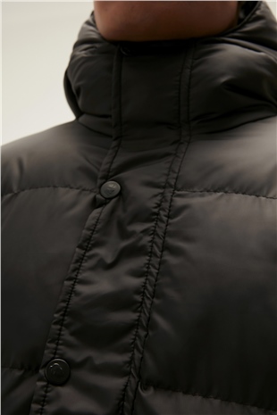 Goose Tail Puffer Siyah Erkek Kapüşonlu Uzun Mont