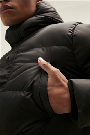 Goose Tail Puffer Siyah Erkek Kapüşonlu Uzun Mont