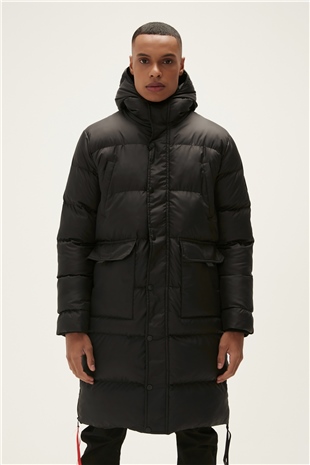 Goose Tail Puffer Siyah Erkek Kapüşonlu Uzun Mont