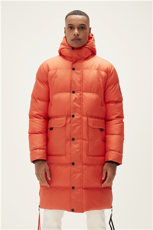 Goose Tail Puffer Turuncu Erkek Kapüşonlu Uzun Mont