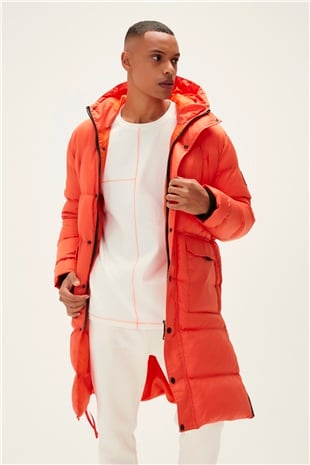 Goose Tail Puffer Turuncu Erkek Kapüşonlu Uzun Mont