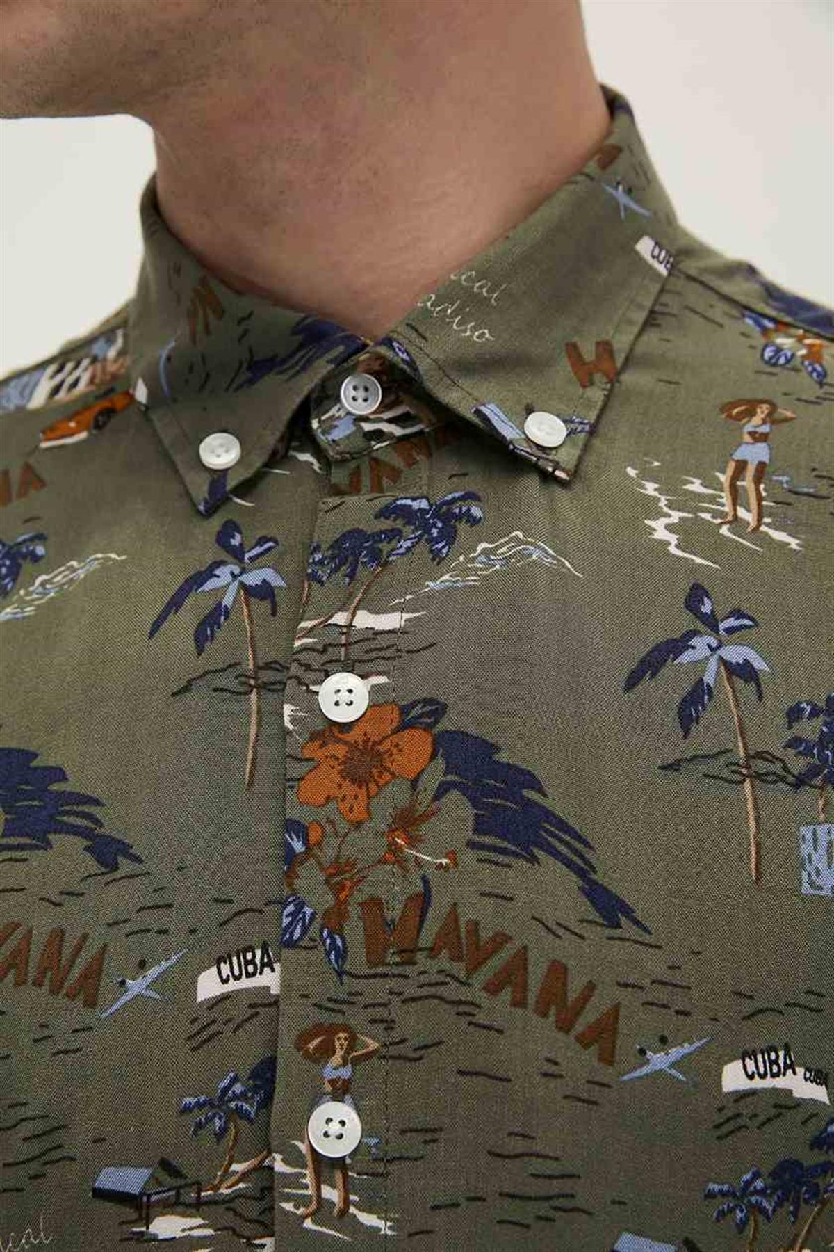 Hector Shirt Haki Kısa Kollu Baskılı Erkek Gömlek