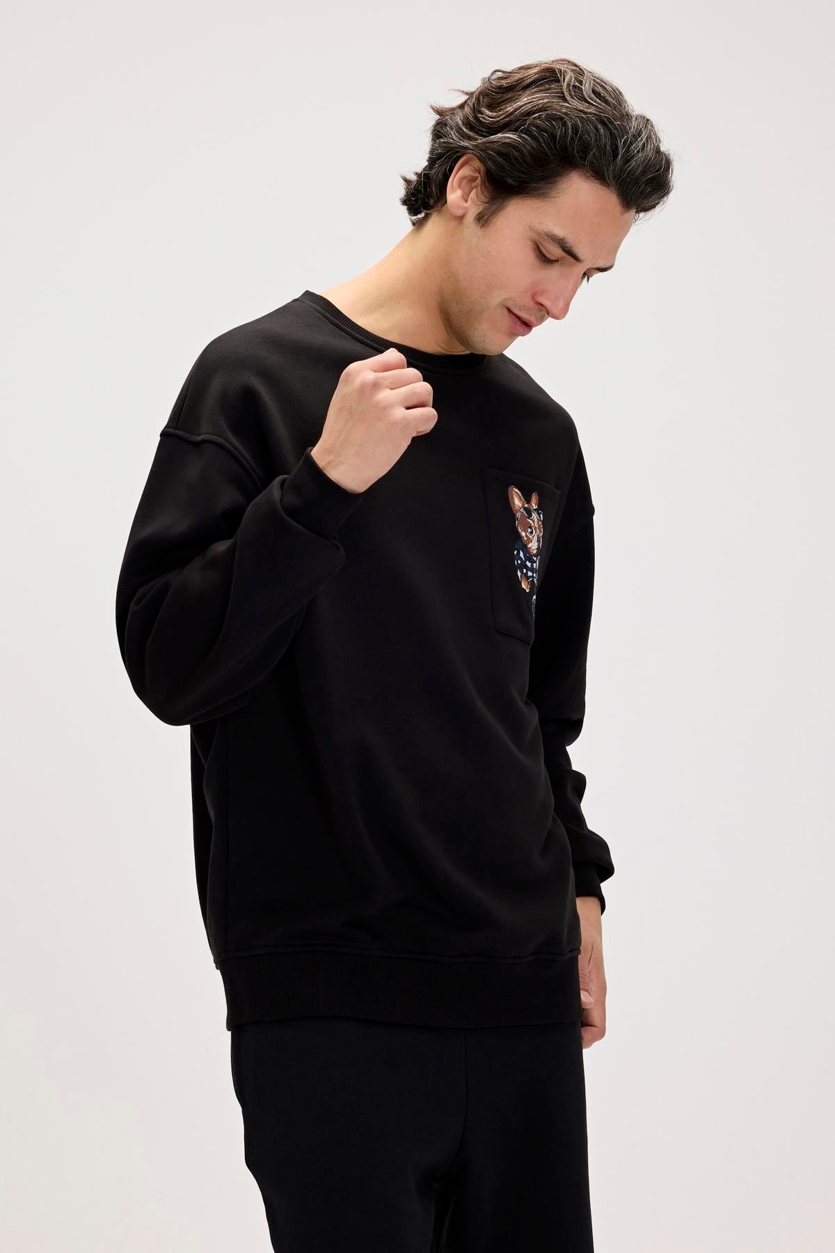 Javed Siyah Erkek Baskılı Sweatshirt