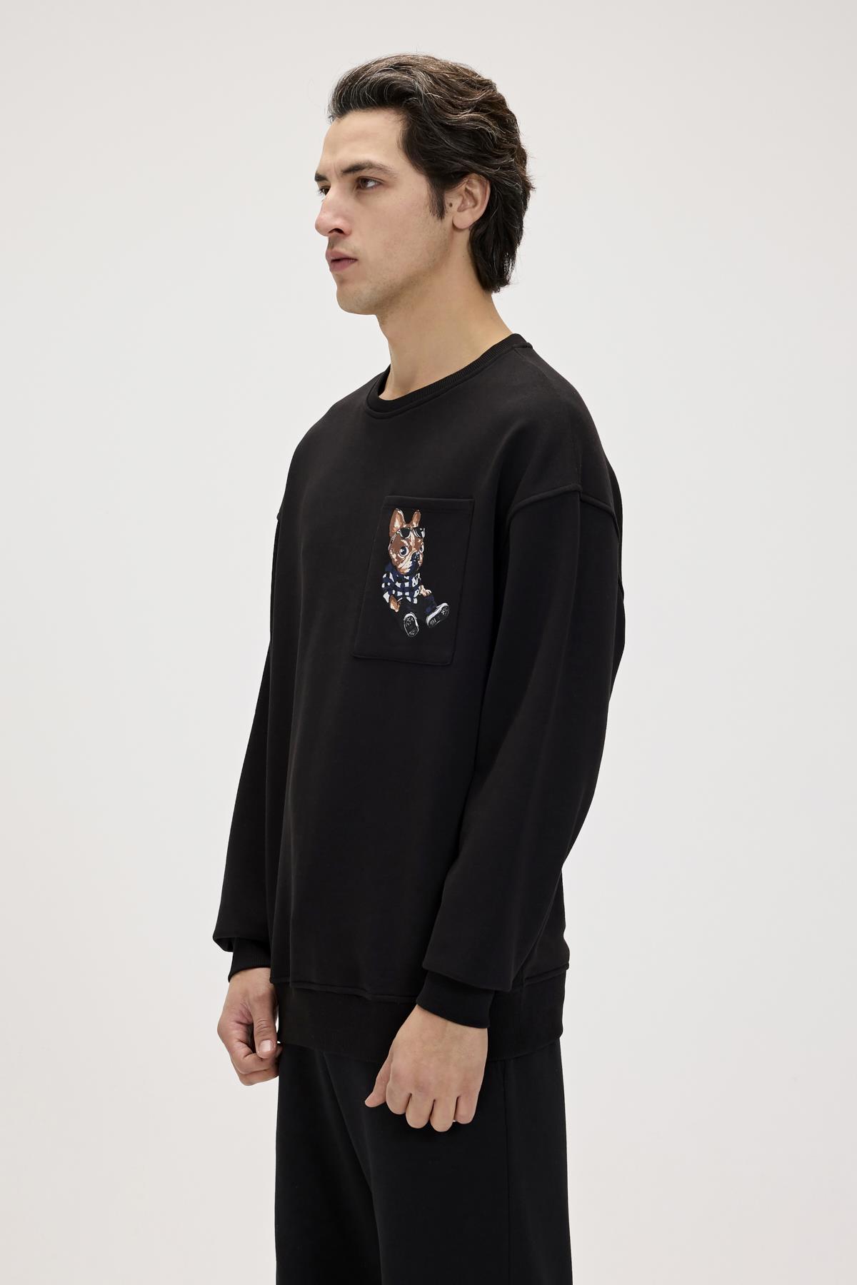 Javed Siyah Erkek Baskılı Sweatshirt