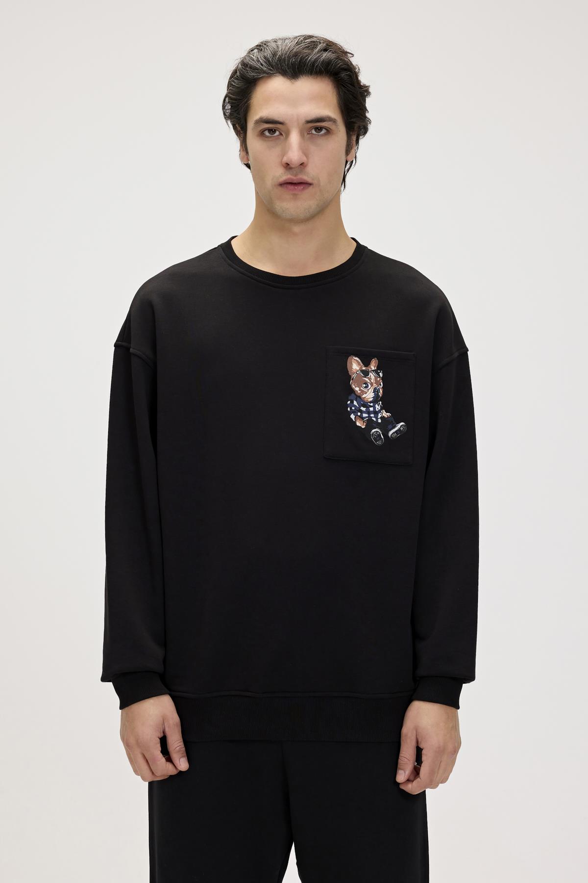 Javed Siyah Erkek Baskılı Sweatshirt