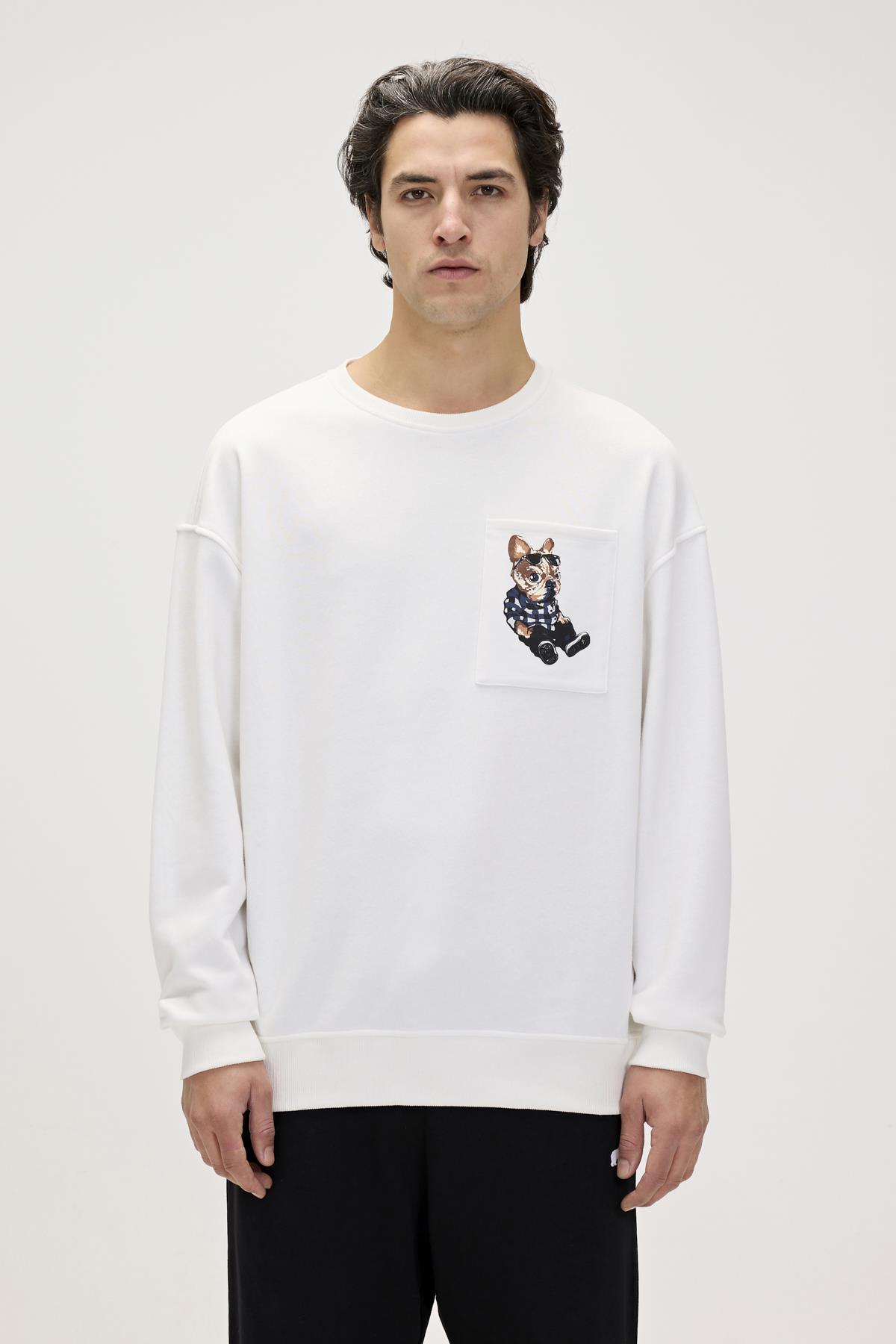 Javed Beyaz Erkek Baskılı Sweatshirt