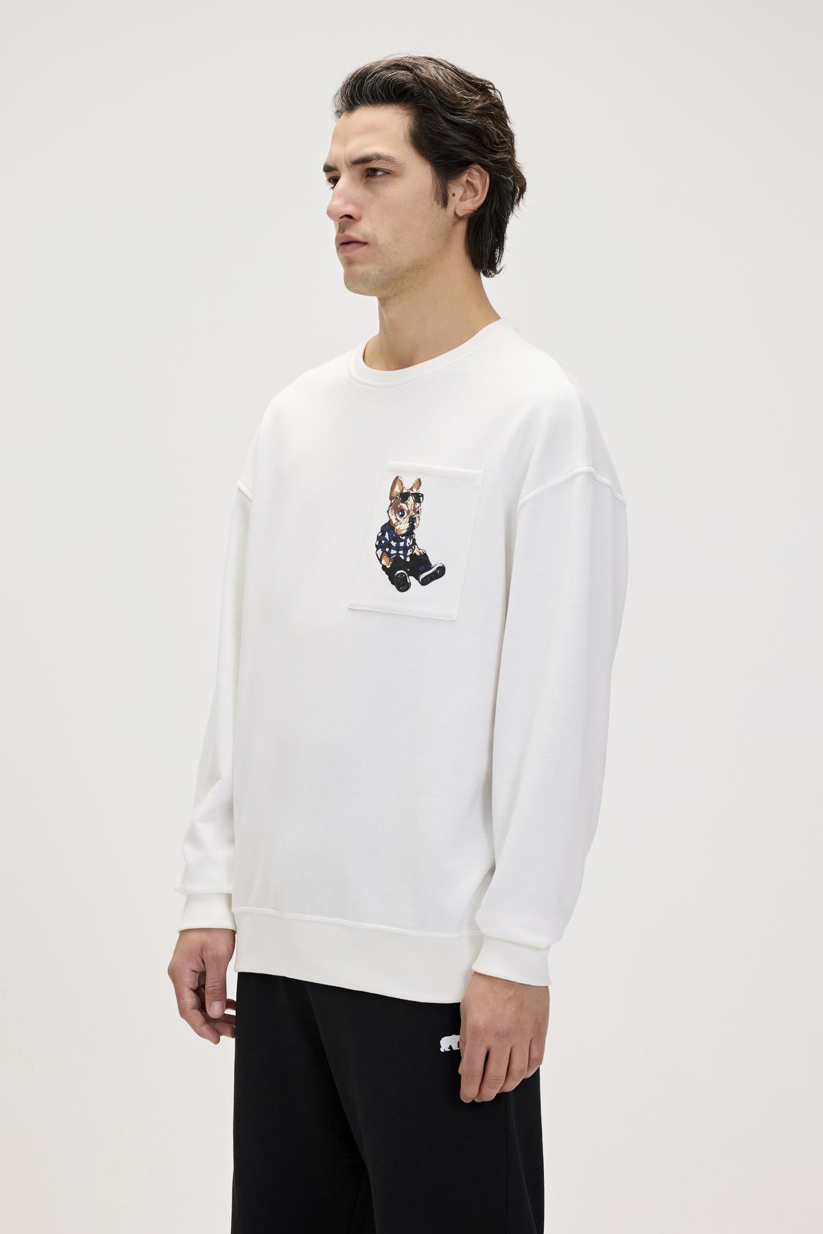 Javed Beyaz Erkek Baskılı Sweatshirt