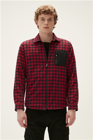 Liam Shirt Crimson Red Kırmızı Kareli Fermuarlı Erkek Gömlek