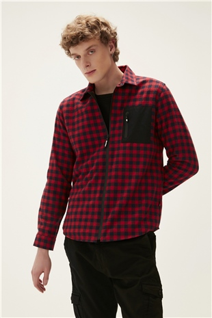 Liam Shirt Crimson Red Kırmızı Kareli Fermuarlı Erkek Gömlek