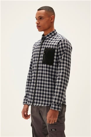 Liam Shirt Lacivert Kareli Fermuarlı Erkek Gömlek