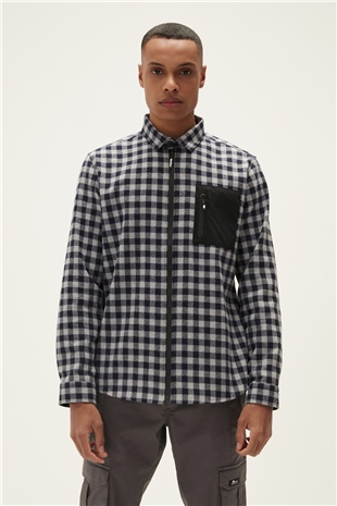 Liam Shirt Lacivert Kareli Fermuarlı Erkek Gömlek