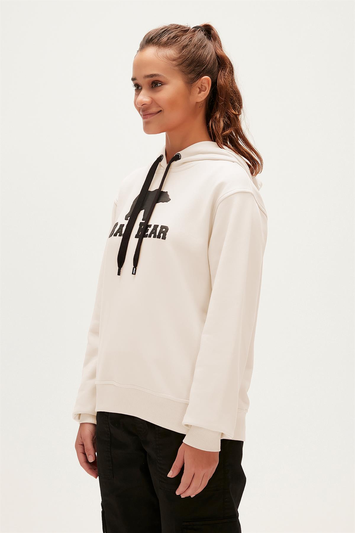Logo Beyaz Kadın Kapüşonlu Sweatshirt