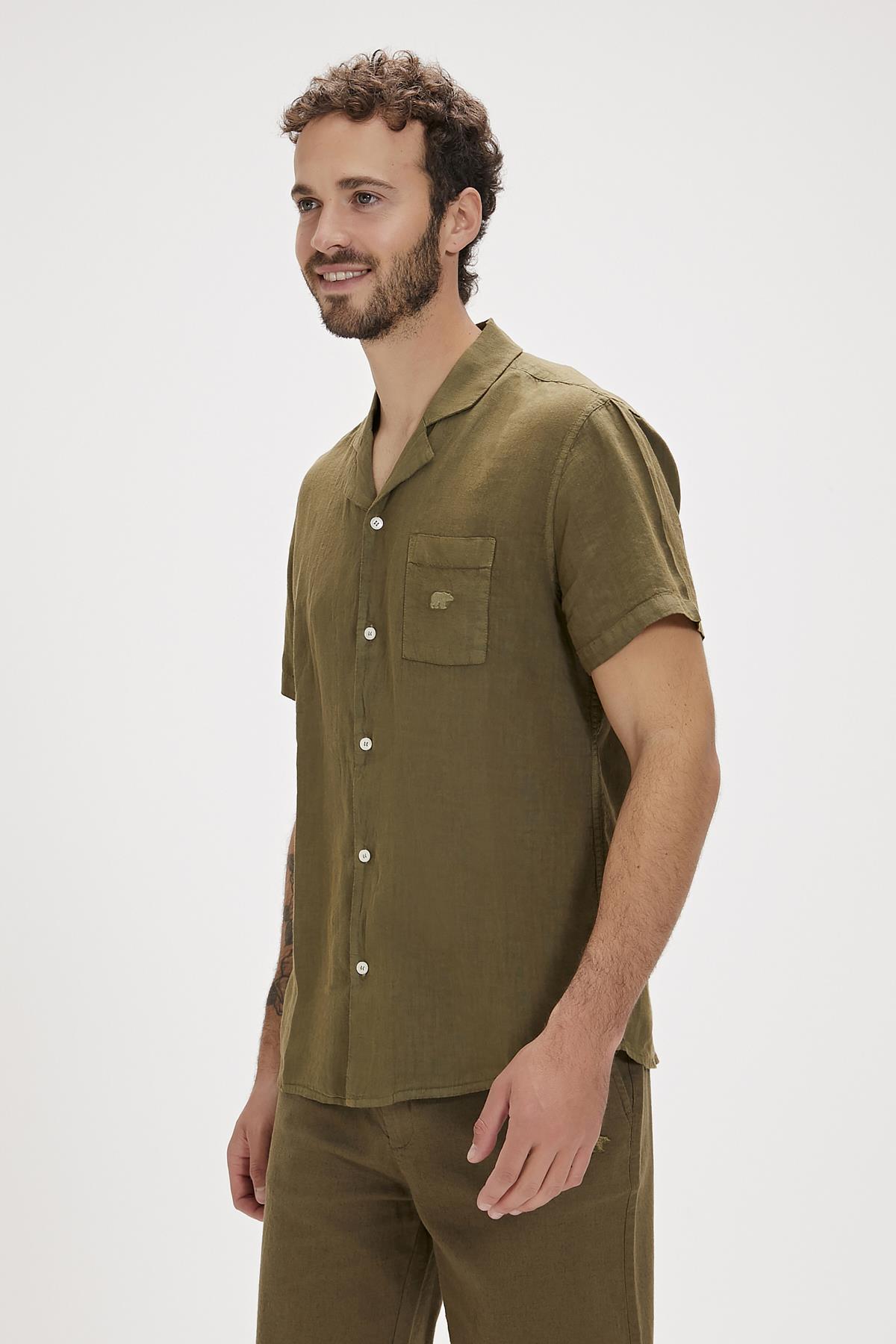 Lyne Haki Kısa Kollu Erkek Gömlek