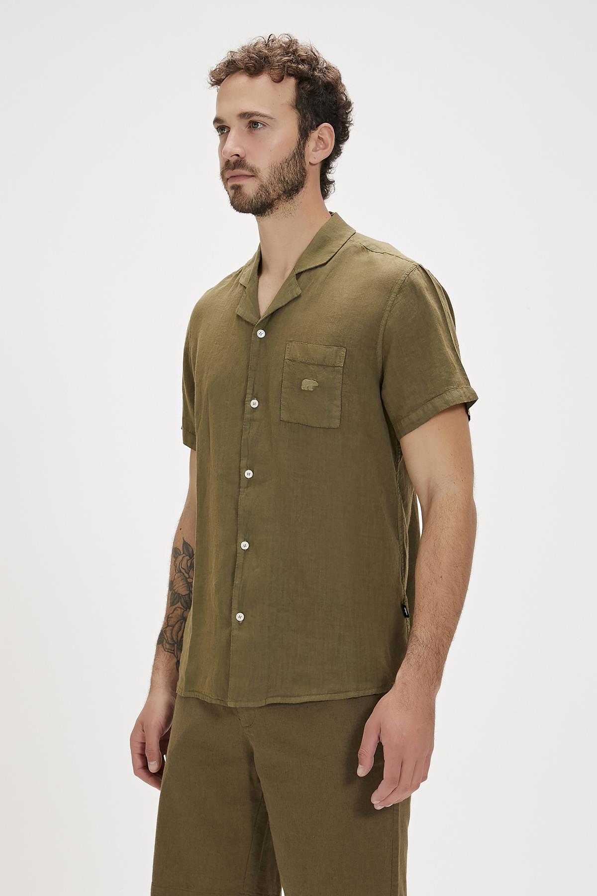 Lyne Haki Kısa Kollu Erkek Gömlek