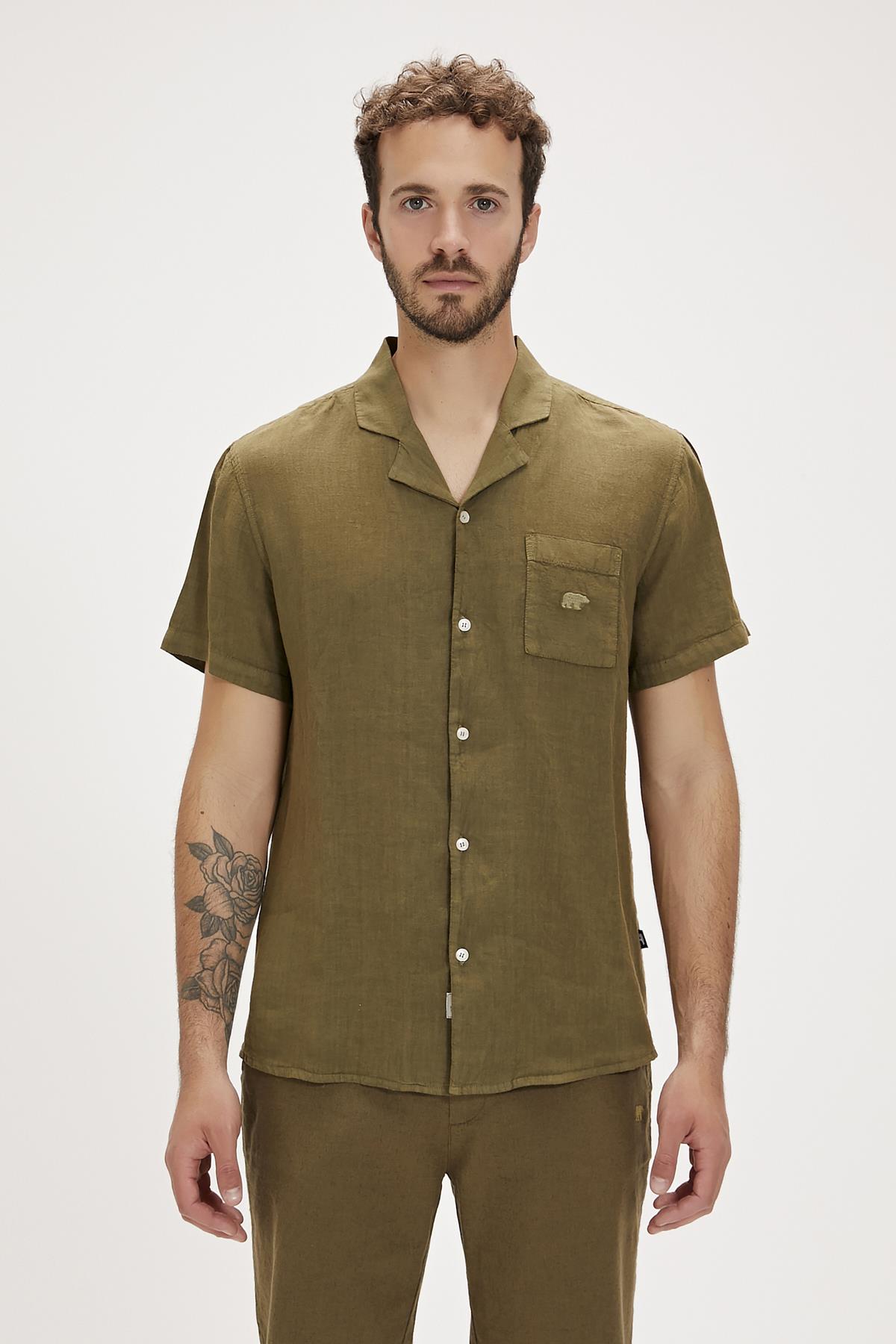 Lyne Haki Kısa Kollu Erkek Gömlek
