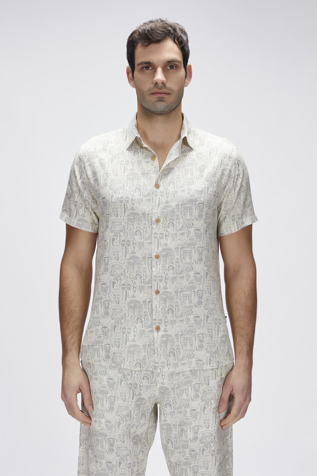 Merle Beyaz Kısa Kollu Baskılı Erkek Gömlek