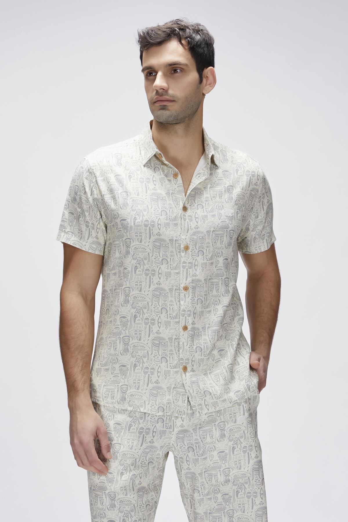 Merle Beyaz Kısa Kollu Baskılı Erkek Gömlek