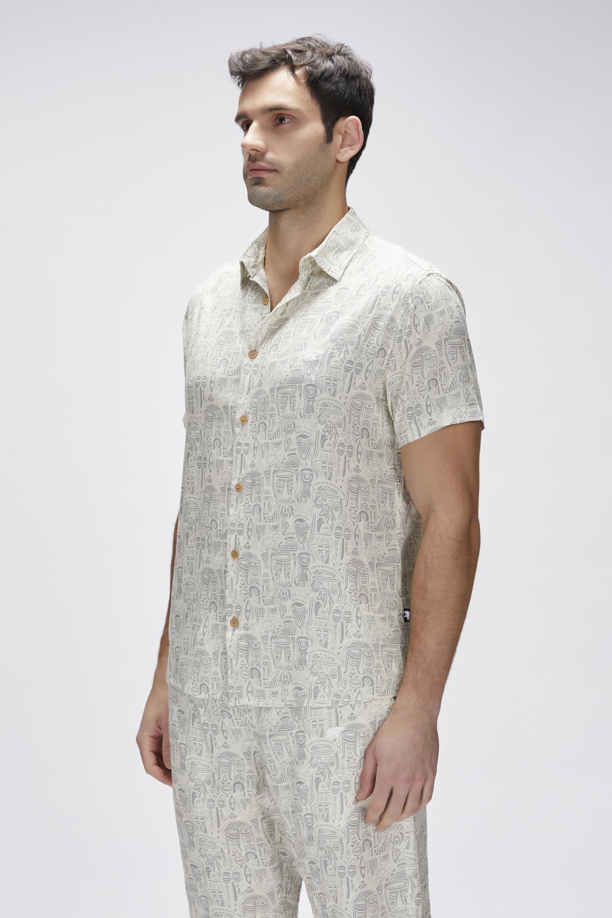 Merle Beyaz Kısa Kollu Baskılı Erkek Gömlek