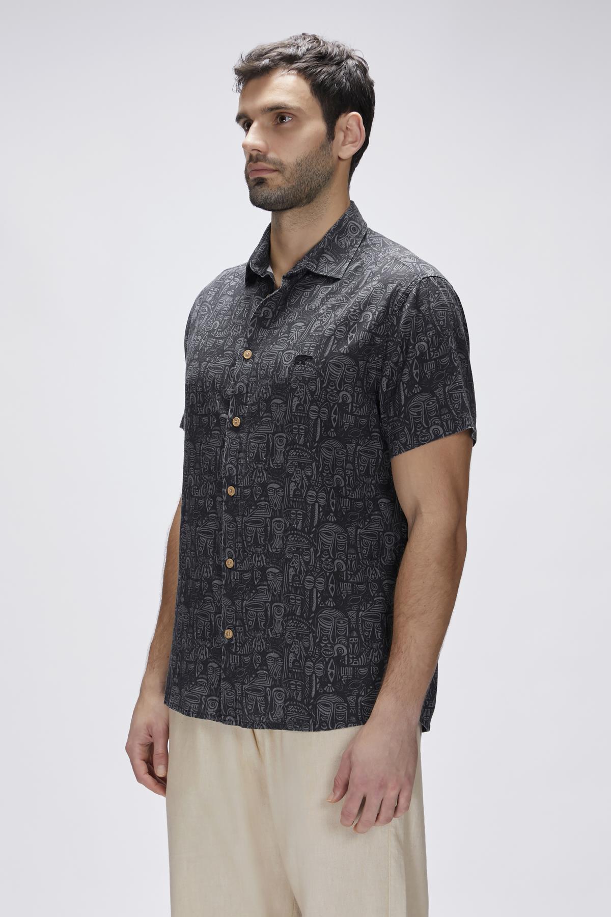 Merle Siyah Kısa Kollu Baskılı Erkek Gömlek