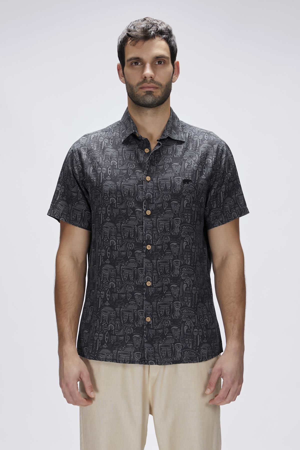 Merle Siyah Kısa Kollu Baskılı Erkek Gömlek