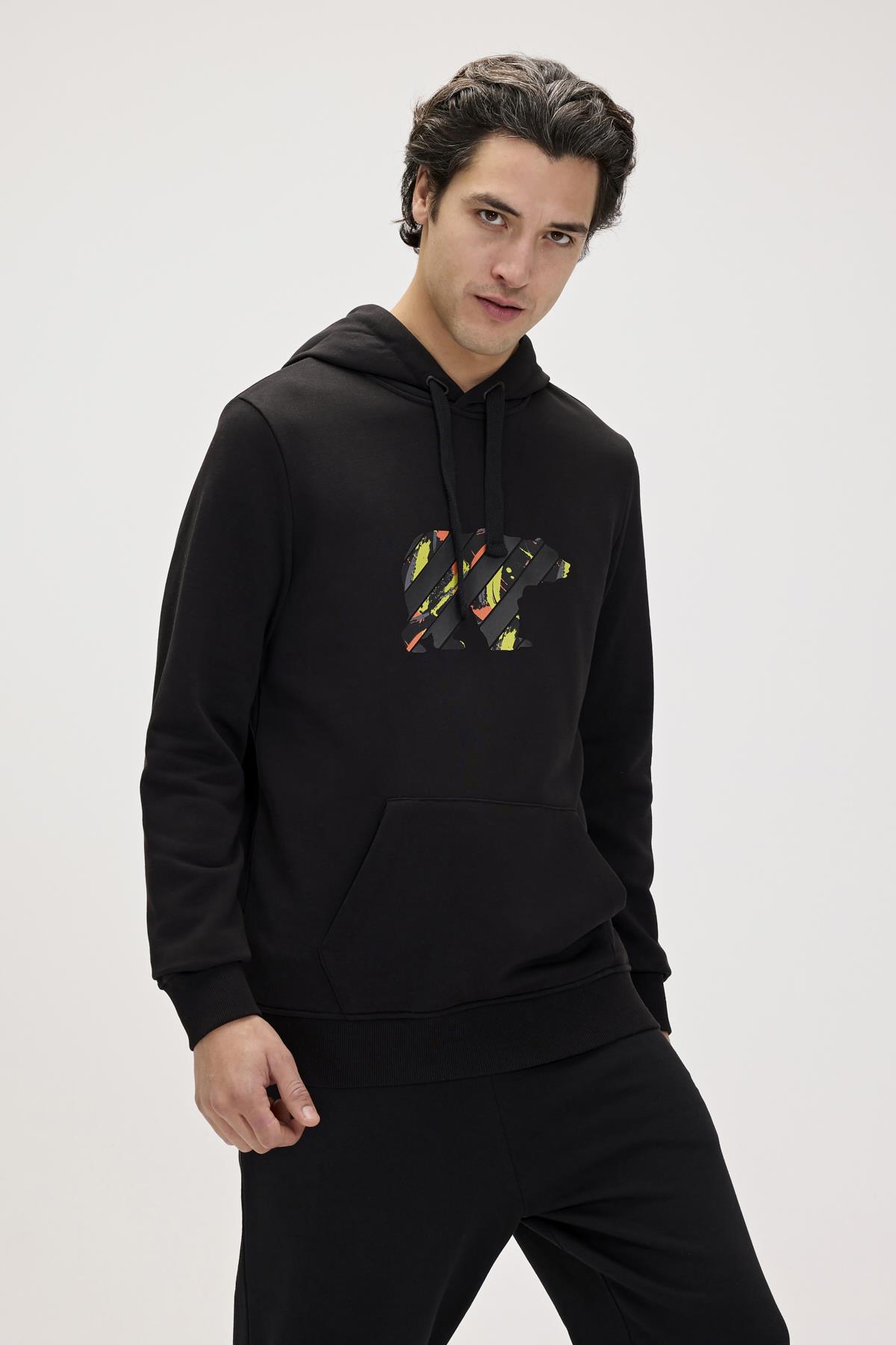 Mono Siyah Erkek Kapüşonlu Sweatshirt