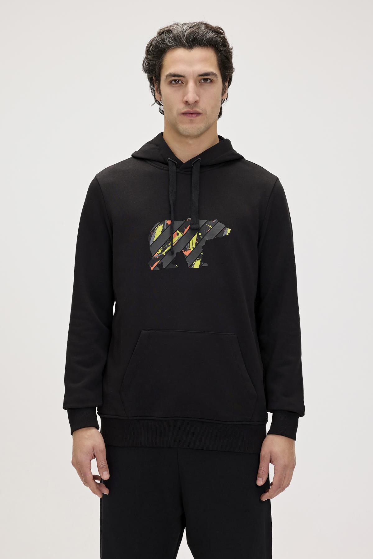 Mono Siyah Erkek Kapüşonlu Sweatshirt