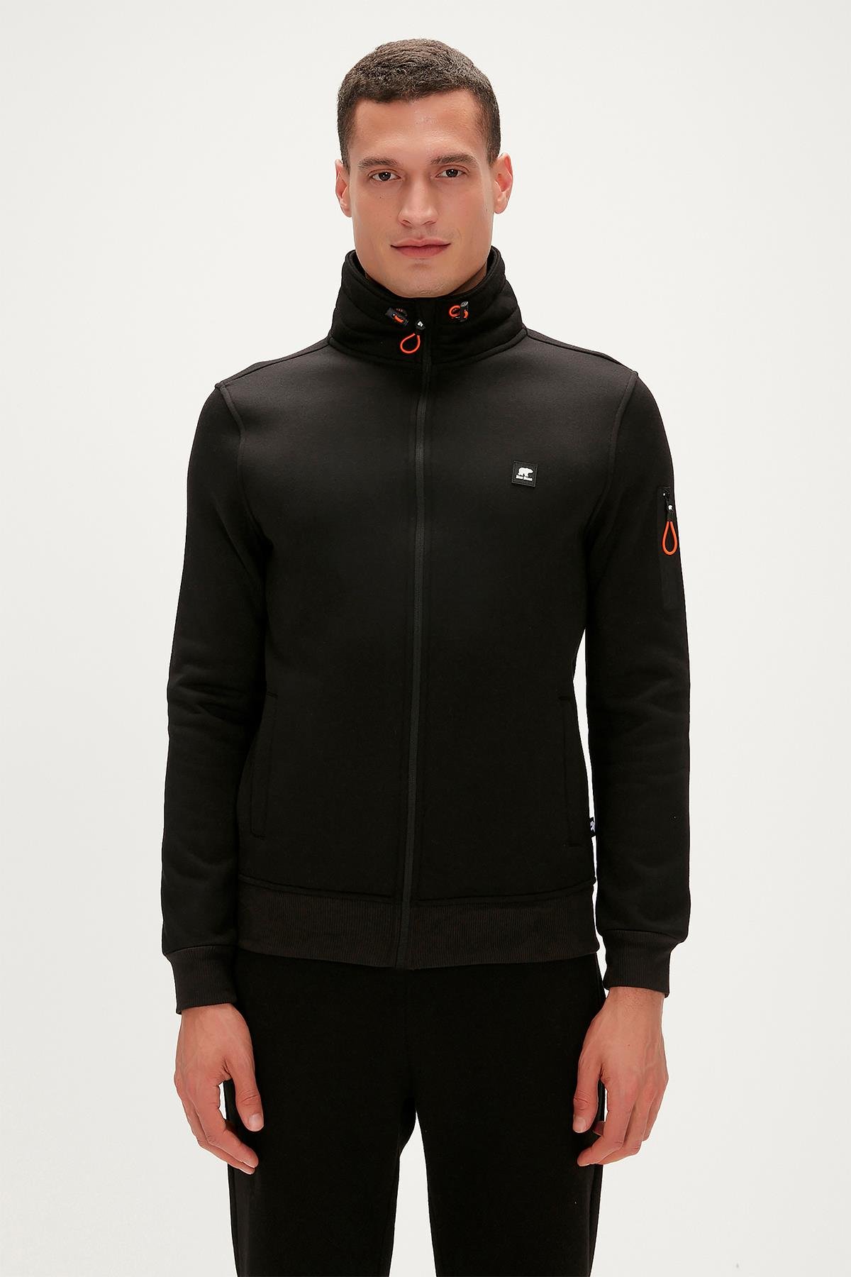 More Bear Full-Zip Hoodie Siyah Fermuarlı Erkek Sweatshirt 