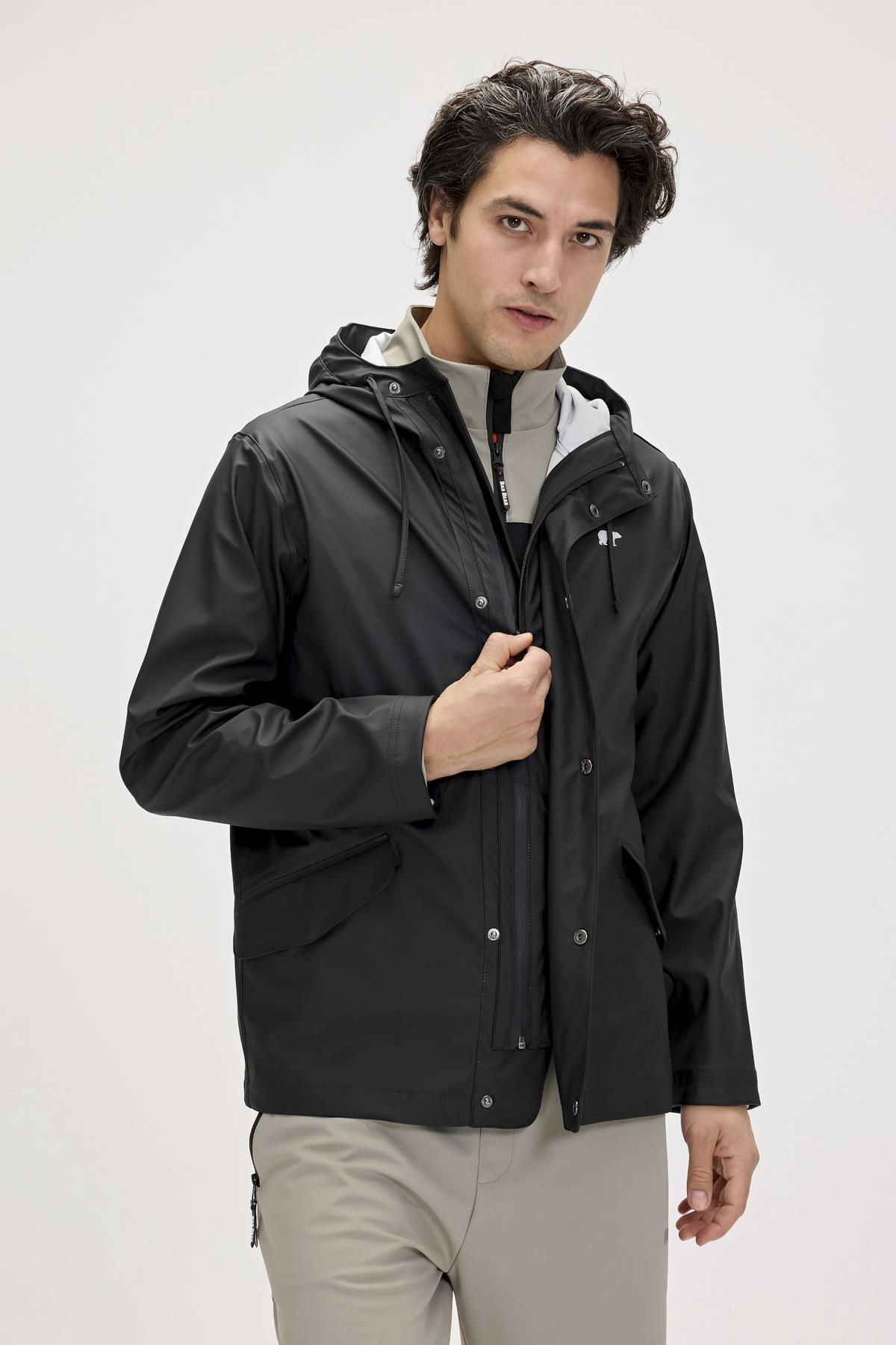 Patrol Raincoat Siyah Erkek Kapüşonlu Yağmurluk 