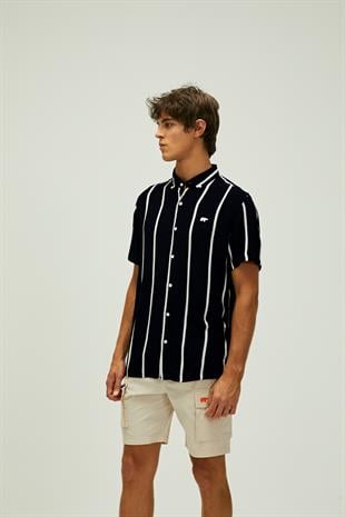 Sergio Shirt Siyah Kısa Kollu Çizgili Erkek Gömlek