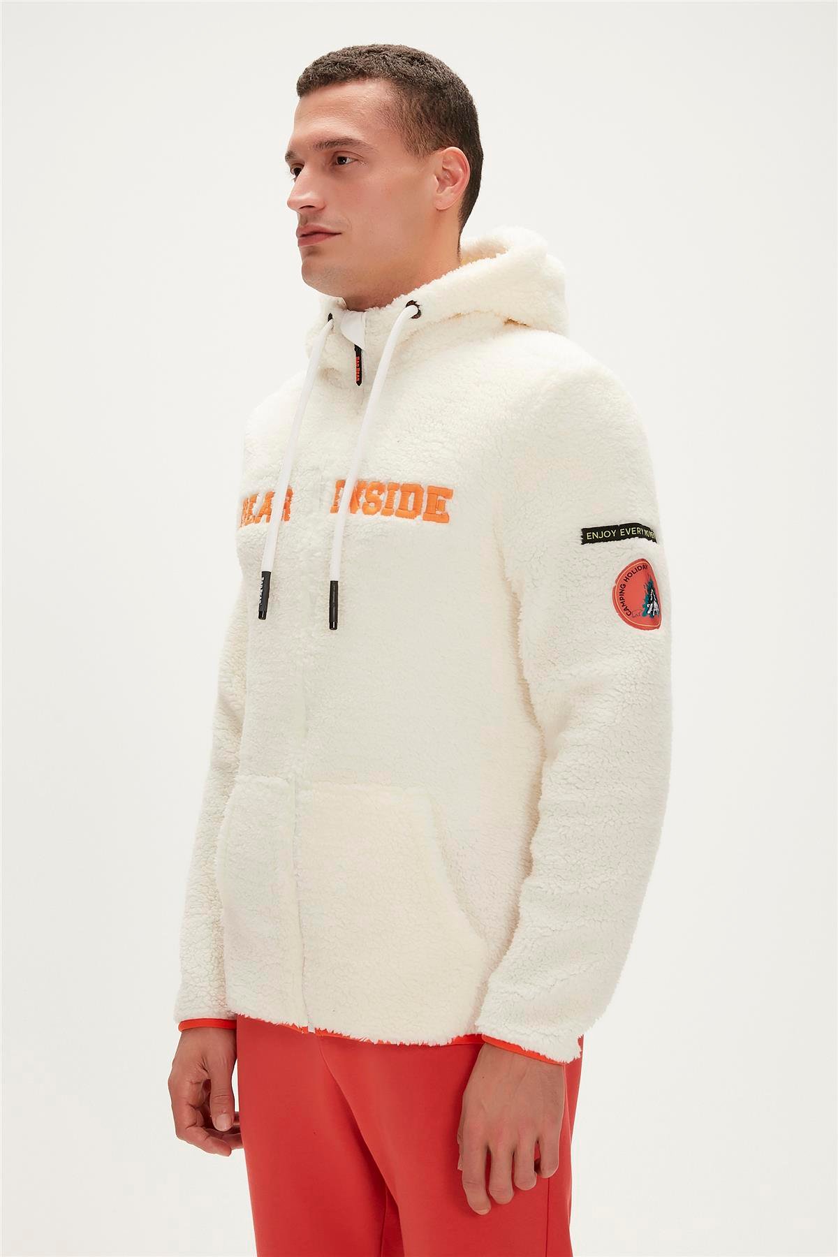 Shaggy Plush Full-Zip Marshmallow Beyaz Peluş Erkek Kapüşonlu Sweatshirt