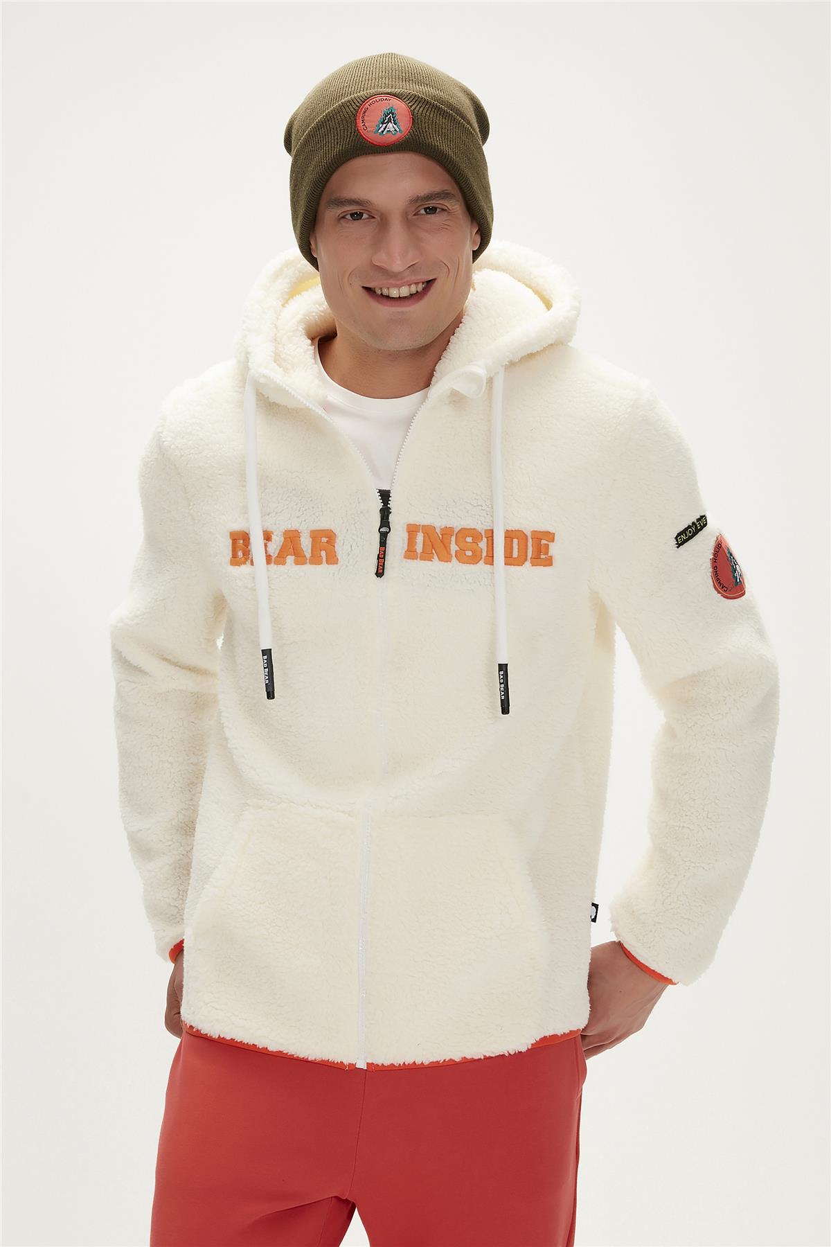 Shaggy Plush Full-Zip Marshmallow Beyaz Peluş Erkek Kapüşonlu Sweatshirt