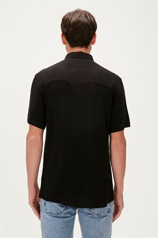 Smile Shirt Siyah Kısa Kollu Baskılı Erkek Gömlek