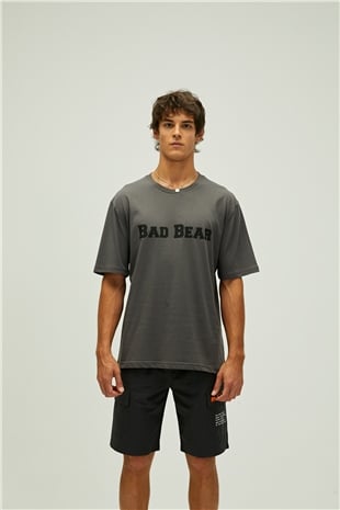 Title Oversize T-Shirt Koyu Gri Baskılı Erkek Tişört 