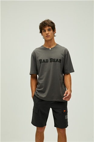 Title Oversize T-Shirt Koyu Gri Baskılı Erkek Tişört 