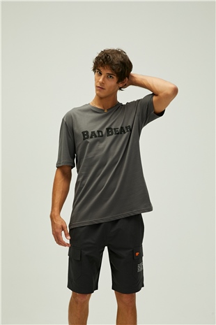 Title Oversize T-Shirt Koyu Gri Baskılı Erkek Tişört 