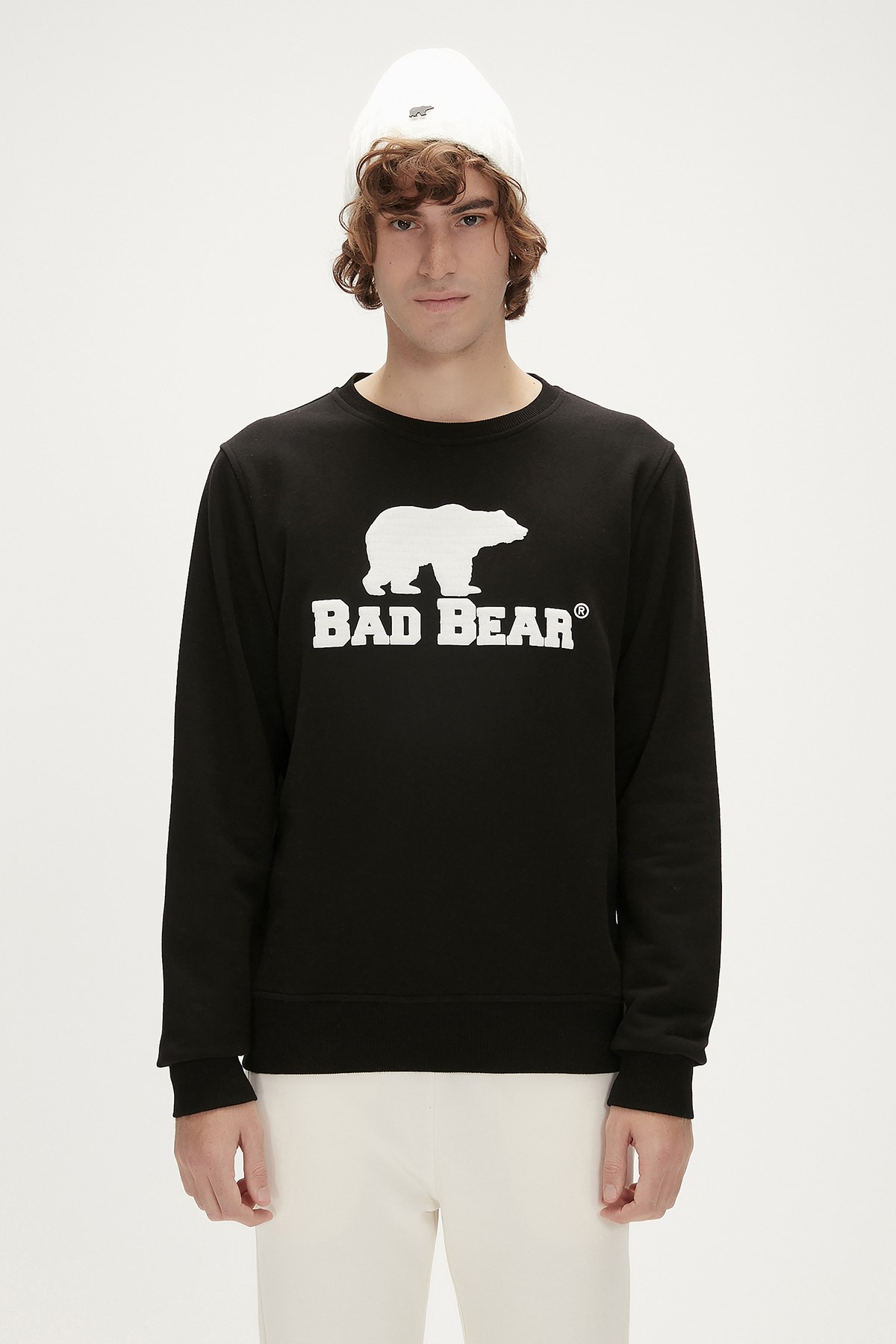 Logo Crewneck Siyah Baskılı Erkek Sweatshirt | BAD BEAR