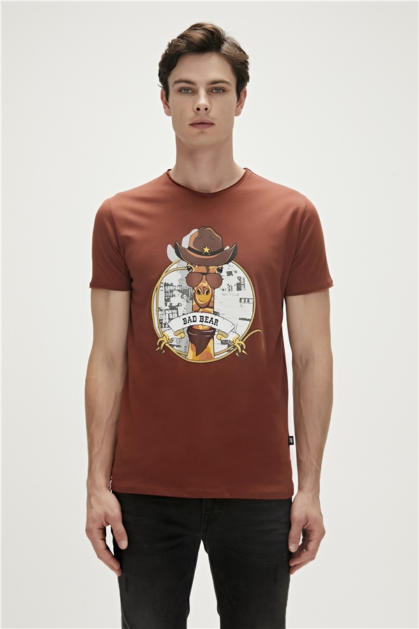 Giraffe T-Shirt Kahverengi Baskılı Erkek Tişört | BAD BEAR