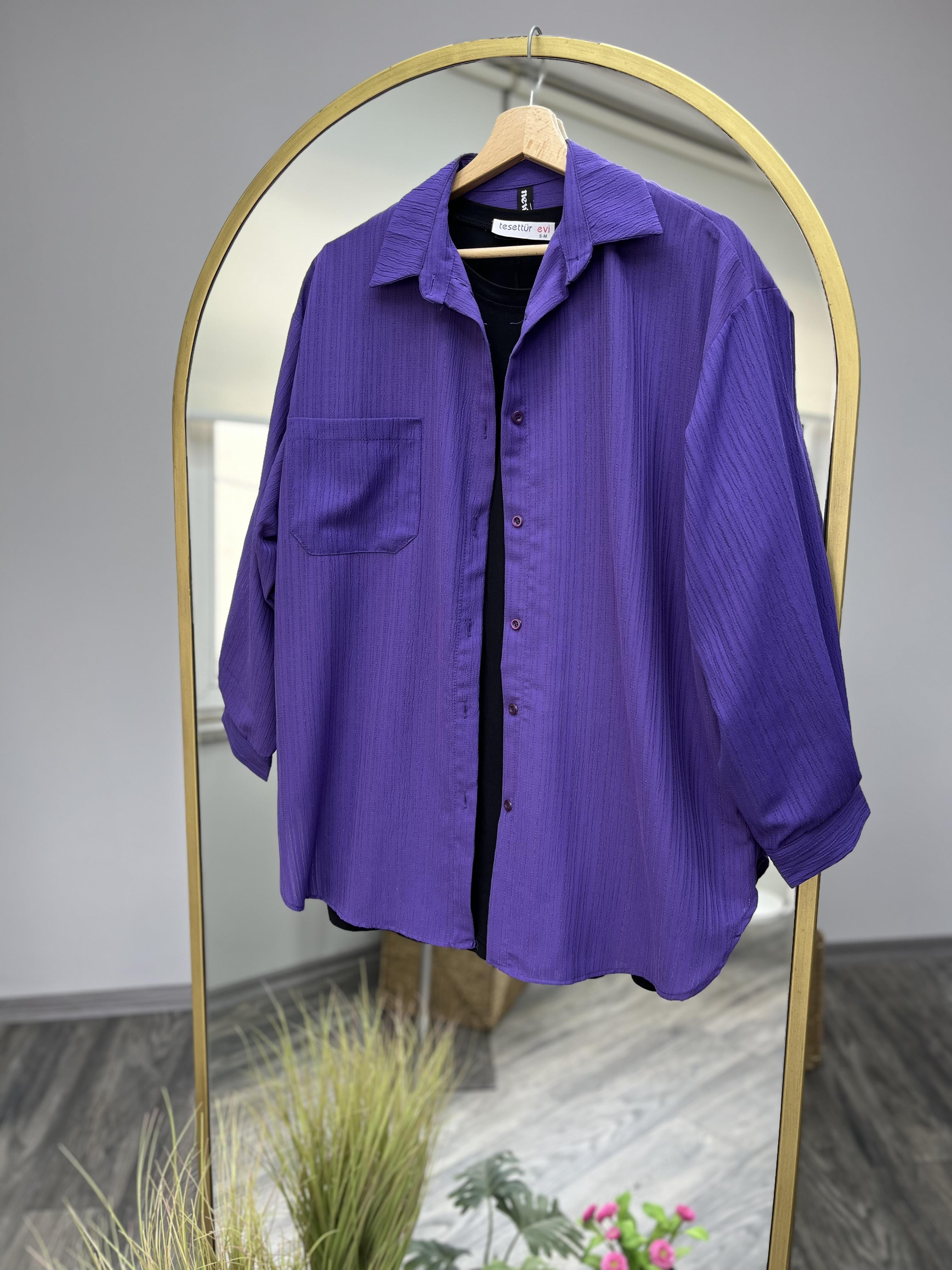 ae tek cep gofre gömlek mor