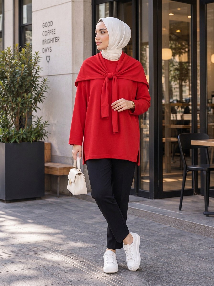 Ke Parçalı Sweatshirt Kırmızı