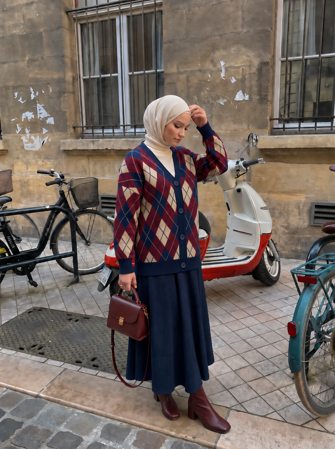 Yn Oversize Baklava Desen Triko Hırka Bordo
