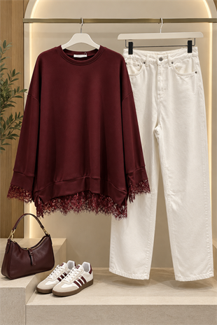 Ca Dantel Detay Sweat Bordo