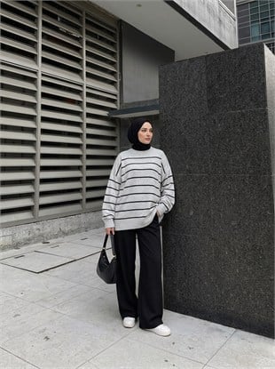 My Çizgili Triko Tunik Gri