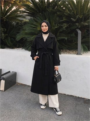 Vv Oversize Kapaklı 6 Düğme Kaşe Kaban Siyah