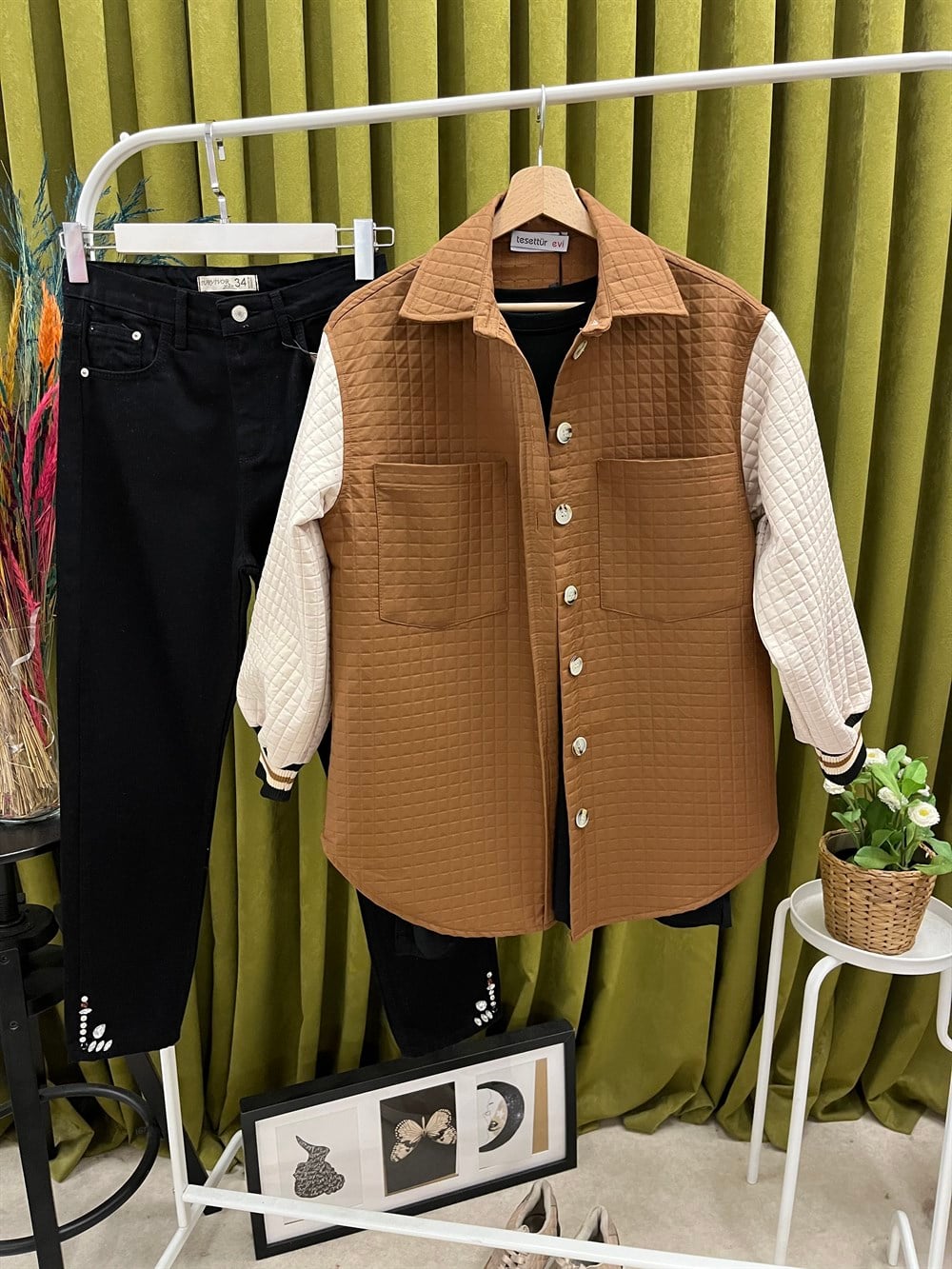 ar çift cep sırtı yazılı ceket  kahve