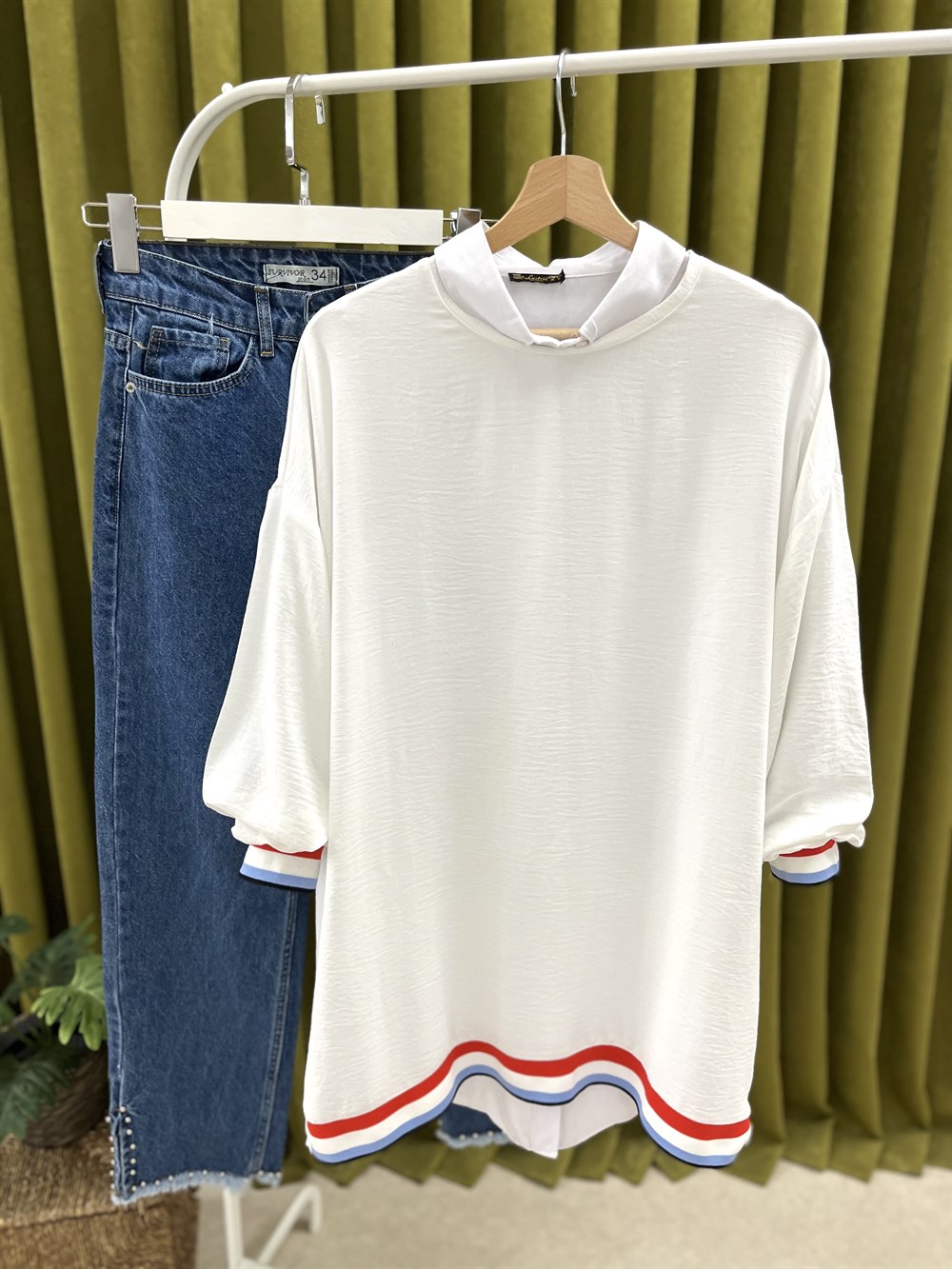 ar kol ve etek ucu şeritli gömlek beyaz