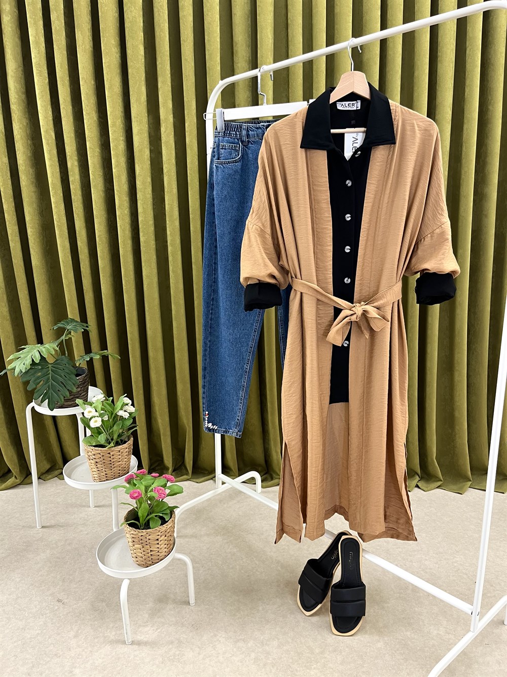 ar yanları yırtmaçlı kimono camel