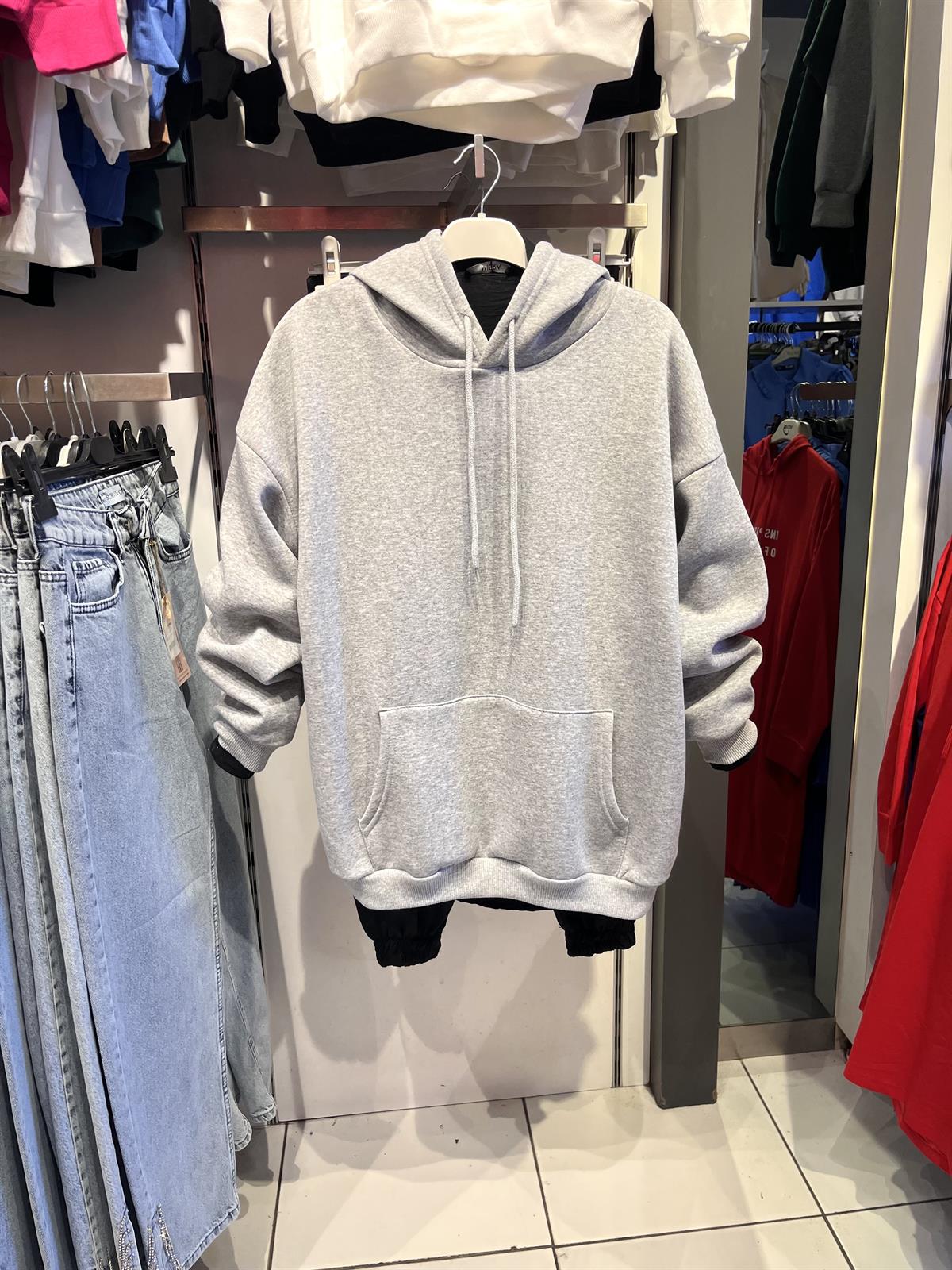 as üç iplik kısa kanguru sweat gri