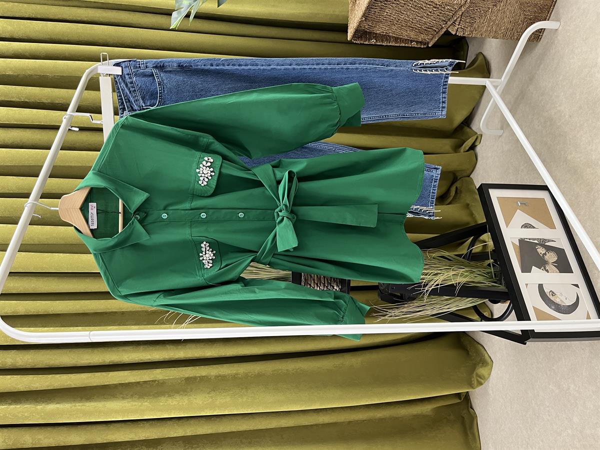 bt cep kapağı taşlı gömlek yeşil