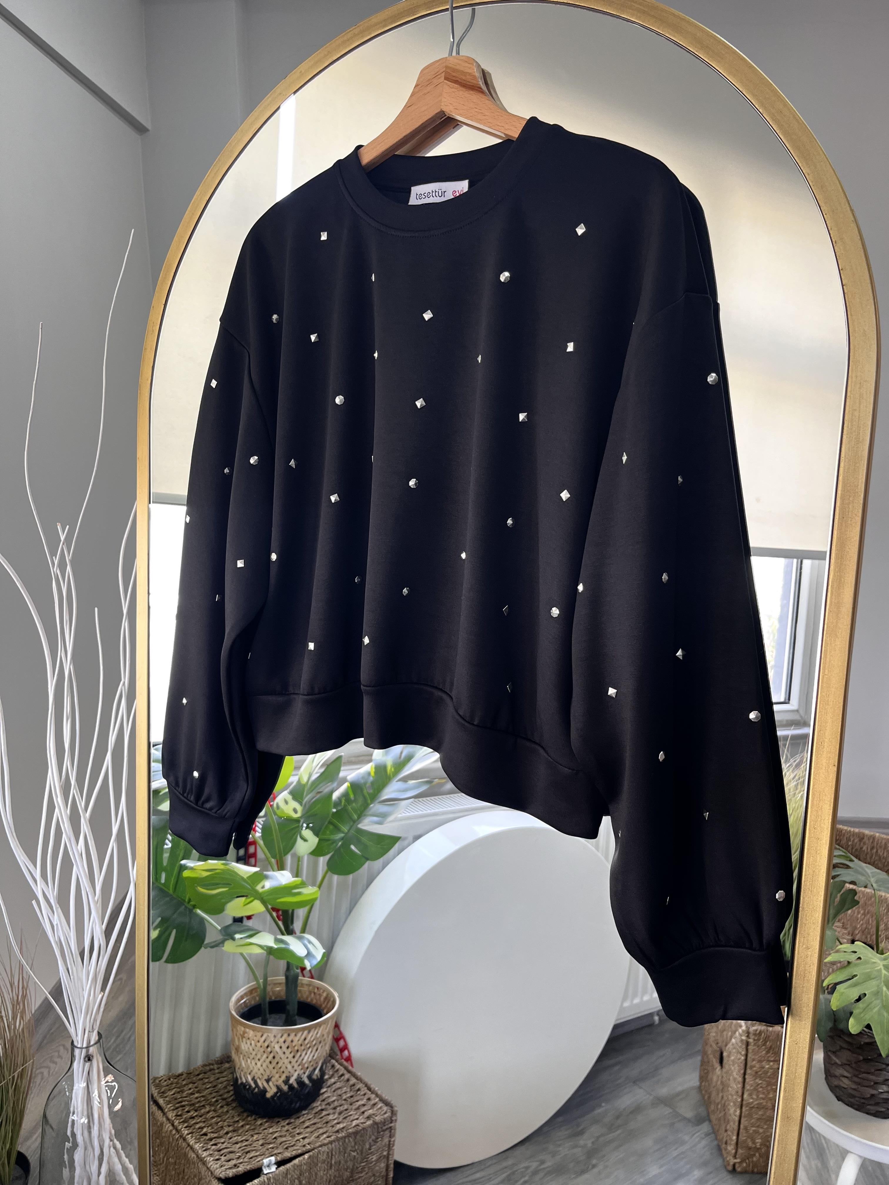 he taşlı sweatshirt siyah
